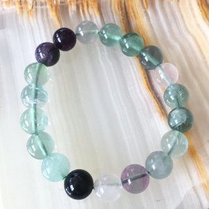 Natural Fluorite Multicolor Bead Bracelet Stretchy Genuine Gemstones
